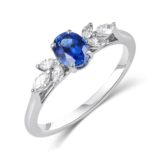 Anel em Ouro Branco 18K com Diamantes e Safira