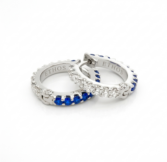 Argola 2 em 1 em Ouro Branco com Diamantes e Safiras