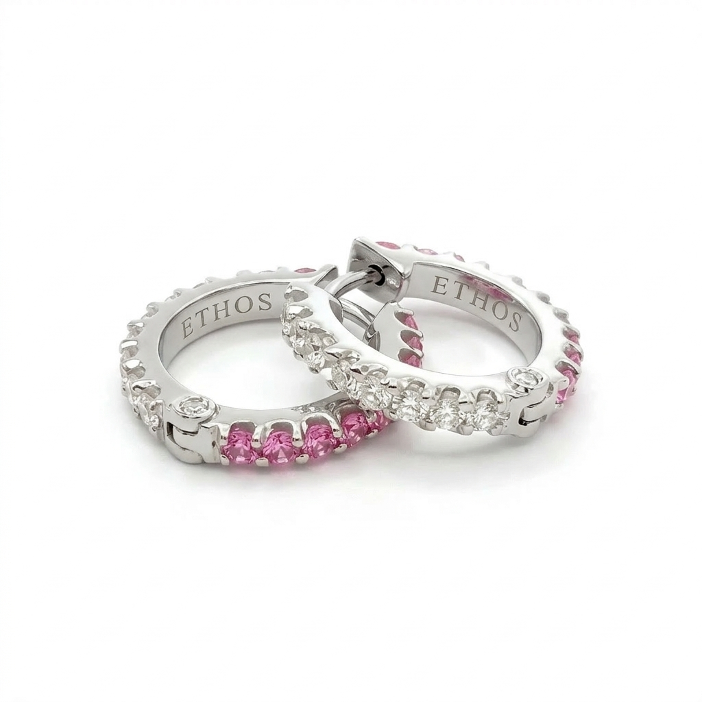 Argola 2 em 1 Ouro Amarelo 18K com Diamantes e Safiras Rosa